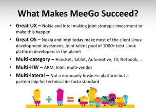 What Makes MeeGo Succeed?
• Great UX – Nokia and Intel making joint strategic investment to
   make this happen
• Great OS – Nokia and Intel today make most of the client Linux
   development invesment. Joint talent pool of 1000+ best Linux
   platform developers in the planet
• Multi-category – Handset, Tablet, Automotive, TV, Netbook, …
• Multi-HW – ARM, Intel, multi-vendor
• Multi-lateral – Not a monopoly business platform but a
   partnership for technical de-facto standard
 