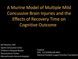 A Murine Model of Multiple Mild Concussive Brain Injuries and the Effects of Recovery Time on Cognitive Outcome Bill Meehan, MD Sports Concussion Clinic Children’s Hospital Boston Neuroscience Center Massachusetts General Hospital Support NIH:  T32 HD040128-06A1  National Football League Charities Foundation 