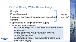 Factors Driving Water Reuse Today 
•Drought 
•Population growth 
•Increased municipal, industrial, and agricultural 
demand 
•Dependence on single source of supply 
•TMDLs/Nutrient load caps 
“Water 
scarcity” 
16 
No one strategy can solve the future water needs 
of the state, 
so the portfolios include different mixes of 
strategies, such as 
conservation, reuse, agricultural transfers, and 
new water supply 
 