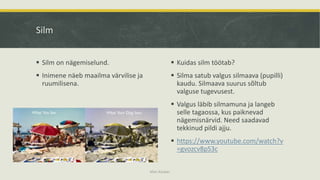 Silm
 Silm on nägemiselund.
 Inimene näeb maailma värvilise ja
ruumilisena.
 Kuidas silm töötab?
 Silma satub valgus silmaava (pupilli)
kaudu. Silmaava suurus sõltub
valguse tugevusest.
 Valgus läbib silmamuna ja langeb
selle tagaossa, kus paiknevad
nägemisnärvid. Need saadavad
tekkinud pildi ajju.
 https://www.youtube.com/watch?v
=gvozcv8pS3c
Mari Kauber
 