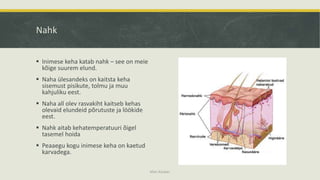 Nahk
 Inimese keha katab nahk – see on meie
kõige suurem elund.
 Naha ülesandeks on kaitsta keha
sisemust pisikute, tolmu ja muu
kahjuliku eest.
 Naha all olev rasvakiht kaitseb kehas
olevaid elundeid põrutuste ja löökide
eest.
 Nahk aitab kehatemperatuuri õigel
tasemel hoida
 Peaaegu kogu inimese keha on kaetud
karvadega.
Mari Kauber
 