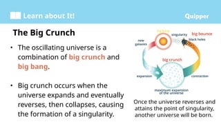 Learn about It!
• The oscillating universe is a
combination of big crunch and
big bang.
• Big crunch occurs when the
universe expands and eventually
reverses, then collapses, causing
the formation of a singularity.
The Big Crunch
Once the universe reverses and
attains the point of singularity,
another universe will be born.
 