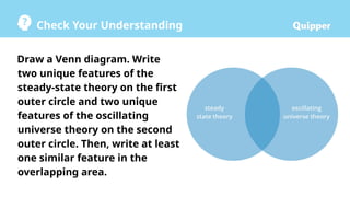 Check Your Understanding
Draw a Venn diagram. Write
two unique features of the
steady-state theory on the first
outer circle and two unique
features of the oscillating
universe theory on the second
outer circle. Then, write at least
one similar feature in the
overlapping area.
 