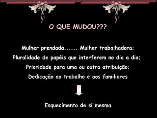 O QUE MUDOU??? Mulher prendada...... Mulher trabalhadora; Pluralidade de papéis que interferem no dia a dia;  Prioridade para uma ou outra atribuição; Dedicação ao trabalho e aos familiares Esquecimento de si mesma 