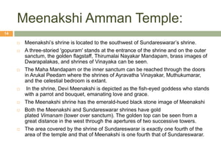 Meenakshi Amman Temple:
 Meenakshi’s shrine is located to the southwest of Sundareswarar’s shrine.
 A three-storied 'gopuram' stands at the entrance of the shrine and on the outer
sanctum, the golden flagstaff, Thirumalai Nayakar Mandapam, brass images of
Dwarapalakas, and shrines of Vinayaka can be seen.
 The Maha Mandapam or the inner sanctum can be reached through the doors
in Arukal Peedam where the shrines of Ayravatha Vinayakar, Muthukumarar,
and the celestial bedroom is extant.
 In the shrine, Devi Meenakshi is depicted as the fish-eyed goddess who stands
with a parrot and bouquet, emanating love and grace.
 The Meenakshi shrine has the emerald-hued black stone image of Meenakshi
 Both the Meenakshi and Sundareswarar shrines have gold
plated Vimanam (tower over sanctum). The golden top can be seen from a
great distance in the west through the apertures of two successive towers.
 The area covered by the shrine of Sundareswarar is exactly one fourth of the
area of the temple and that of Meenakshi is one fourth that of Sundareswarar.
14
 