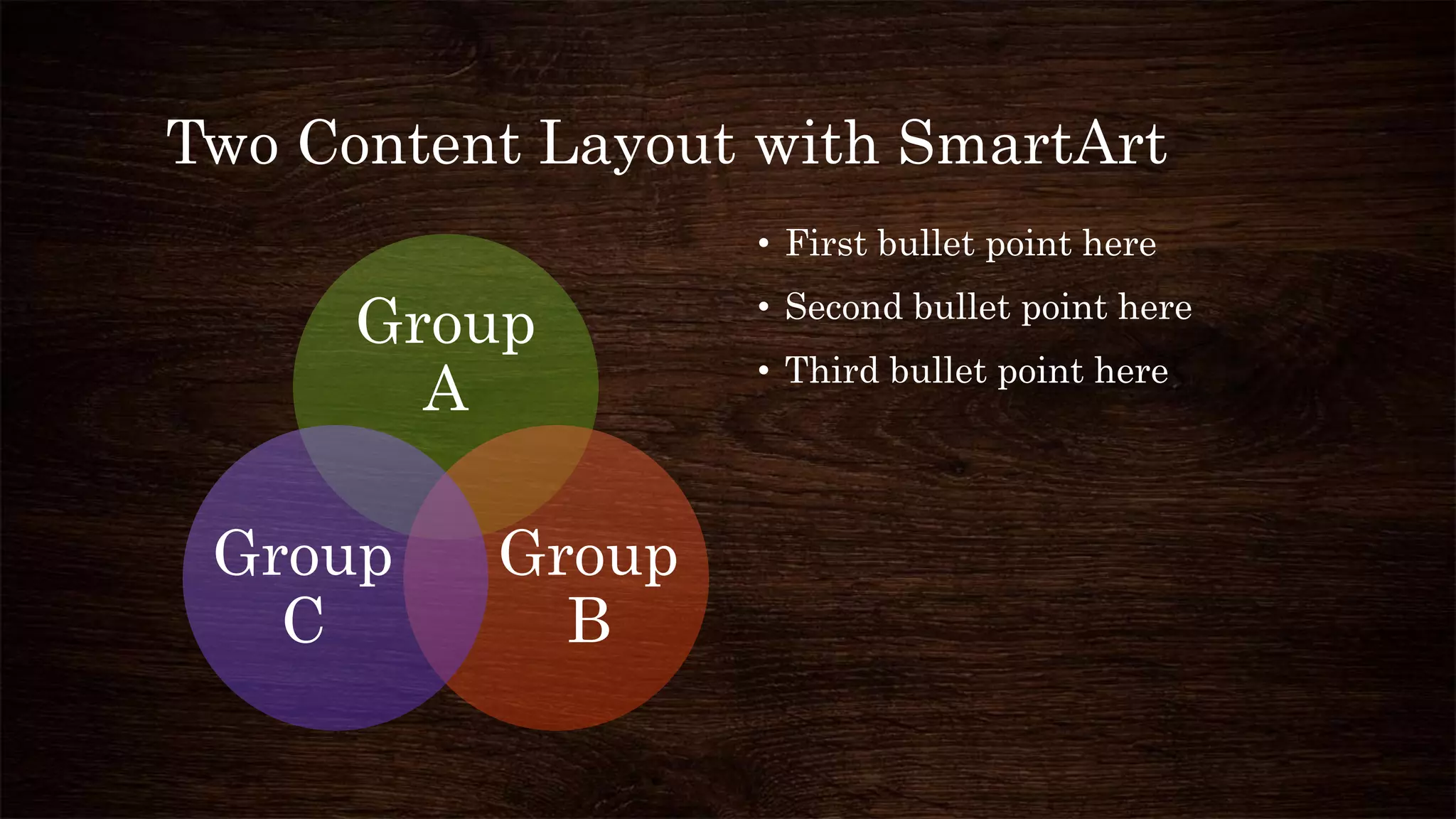 Two Content Layout with SmartArt
Group
A
Group
B
Group
C
• First bullet point here
• Second bullet point here
• Third bullet point here
 