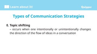 Learn about It!
E. Topic shifting
– occurs when one intentionally or unintentionally changes
the direction of the flow of ideas in a conversation
Types of Communication Strategies
 
