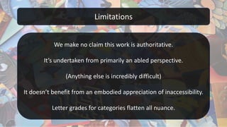 Limitations
We make no claim this work is authoritative.
It’s undertaken from primarily an abled perspective.
(Anything else is incredibly difficult)
It doesn’t benefit from an embodied appreciation of inaccessibility.
Letter grades for categories flatten all nuance.
 