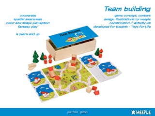 Team building
cooperate
spatial awareness
color and shape perception
fantasy play

game concept, content
design, illustrations by meeple
constrcution / activity kit
developed for Heutink - Toys for Life

4 years and up

portfolio - games

 