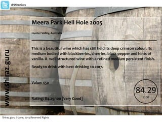 Meera Park Hell Hole 2005
Hunter Valley, Australia
_______________________________________________________
This is a beautiful wine which has still held its deep crimson colour. Its
medium bodied with blackberries, cherries, black pepper and hints of
vanilla. A well structured wine with a refined medium persistent finish.
Ready to drink with best drinking to 2017.
Cost: $50
Shiraz.guru © June, 2014 Reserved Rights
www.shiraz.guru@ShirazGuru
85.3
/100
SG WINE
RATING
VERY GOOD
‘GREAT VALUE’
RATING
+ 0.3
WORTH BUYING
 