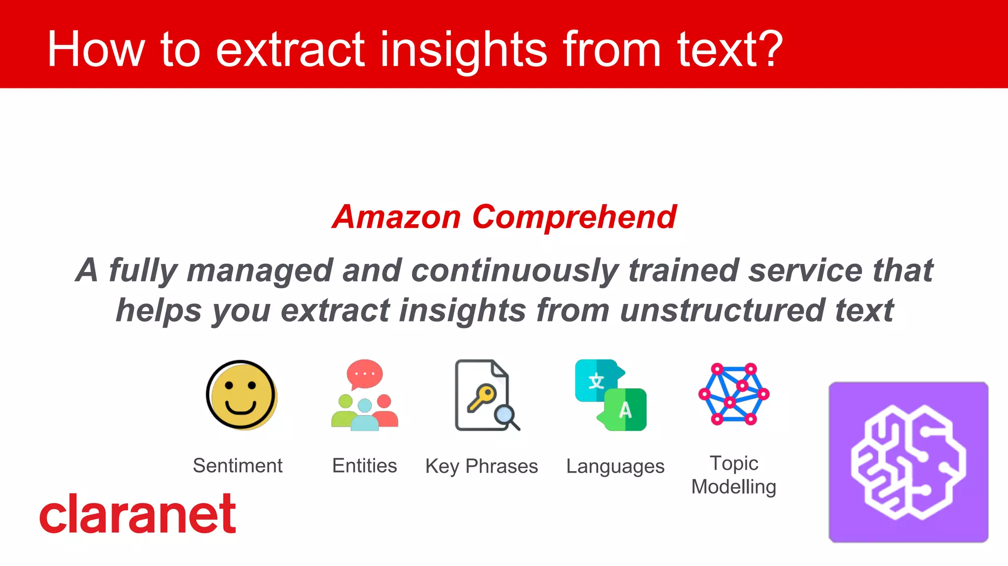 How to extract insights from text?
Amazon Comprehend
A fully managed and continuously trained service that
helps you extract insights from unstructured text
Sentiment Key PhrasesEntities Languages Topic
Modelling
 