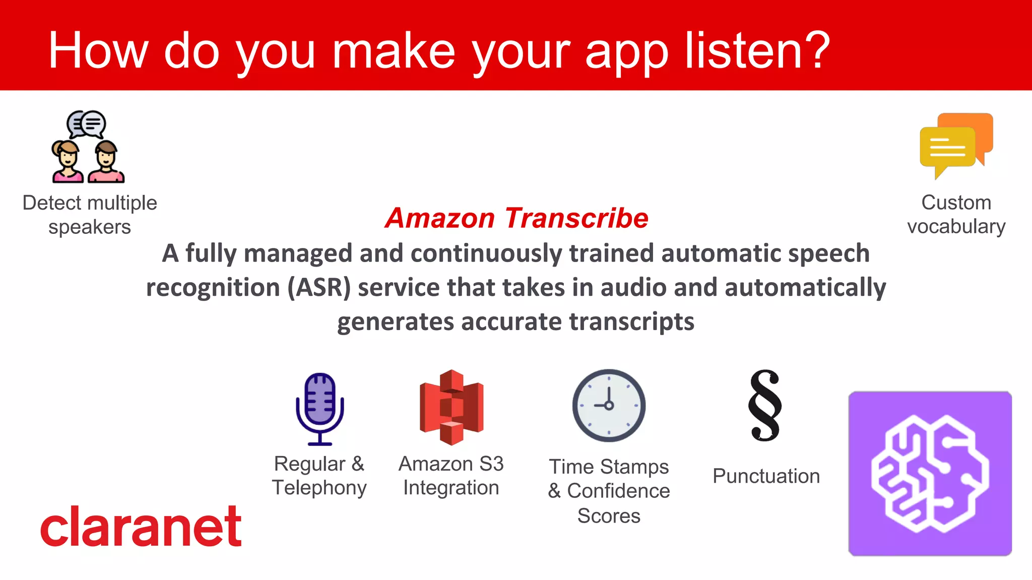 How do you make your app listen?
Amazon Transcribe
A fully managed and continuously trained automatic speech
recognition (ASR) service that takes in audio and automatically
generates accurate transcripts
Regular &
Telephony
Amazon S3
Integration
Time Stamps
& Confidence
Scores
Punctuation
Detect multiple
speakers
Custom
vocabulary
 