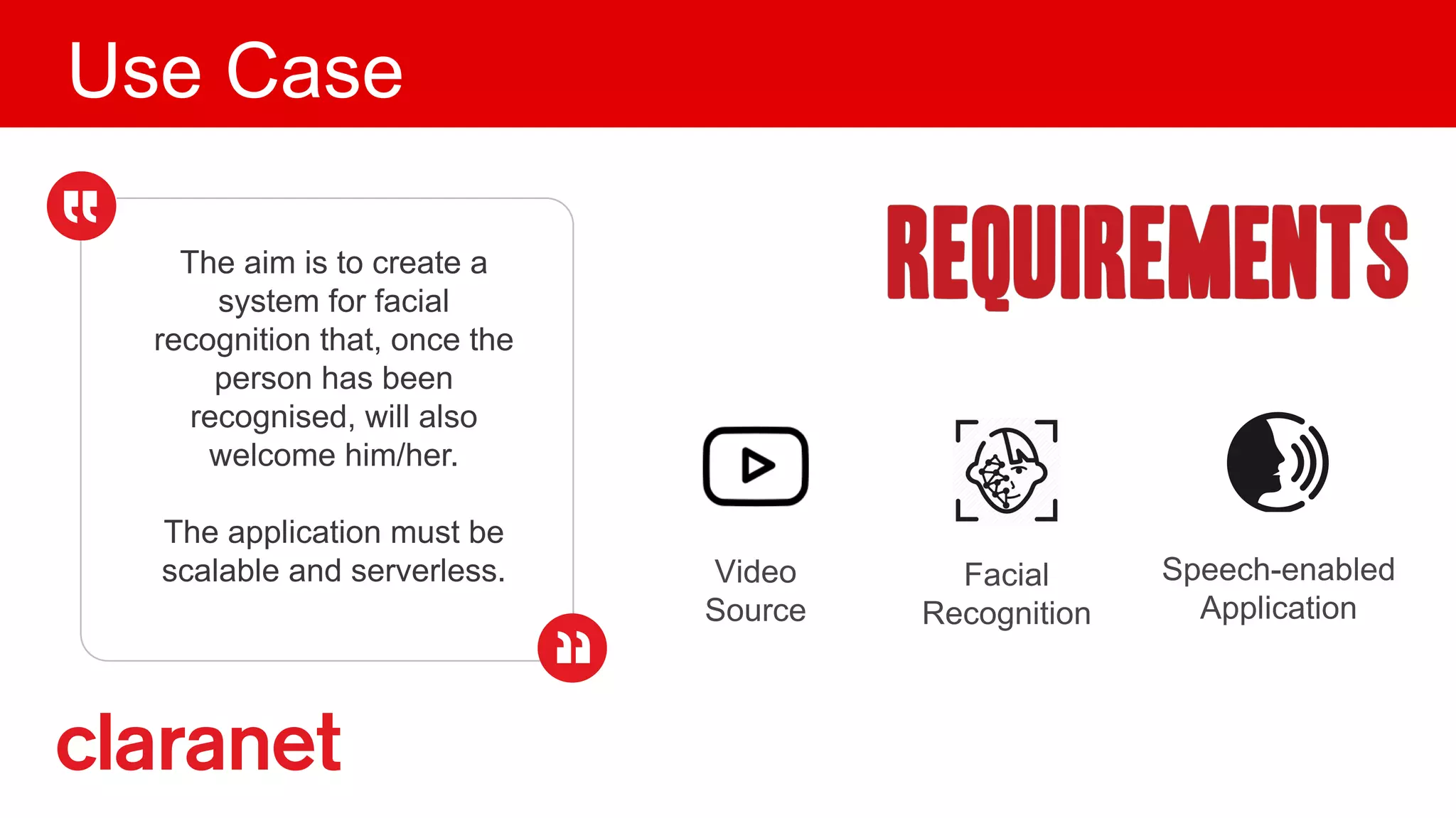Use Case
The aim is to create a
system for facial
recognition that, once the
person has been
recognised, will also
welcome him/her.
The application must be
scalable and serverless. Facial
Recognition
Speech-enabled
Application
Video
Source
 