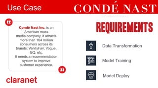 Use Case
Condé Nast Inc. is an
American mass
media company, it attracts
more than 164 million
consumers across its
brands: VanityFair, Vogue,
GQ, etc.
It needs a recommendation
system to improve
customer experience.
Data Transformation
Model Training
Model Deploy
 
