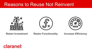 Reasons to Reuse Not Reinvent
Retain Functionality Increase EfficiencyRetain Investment
 