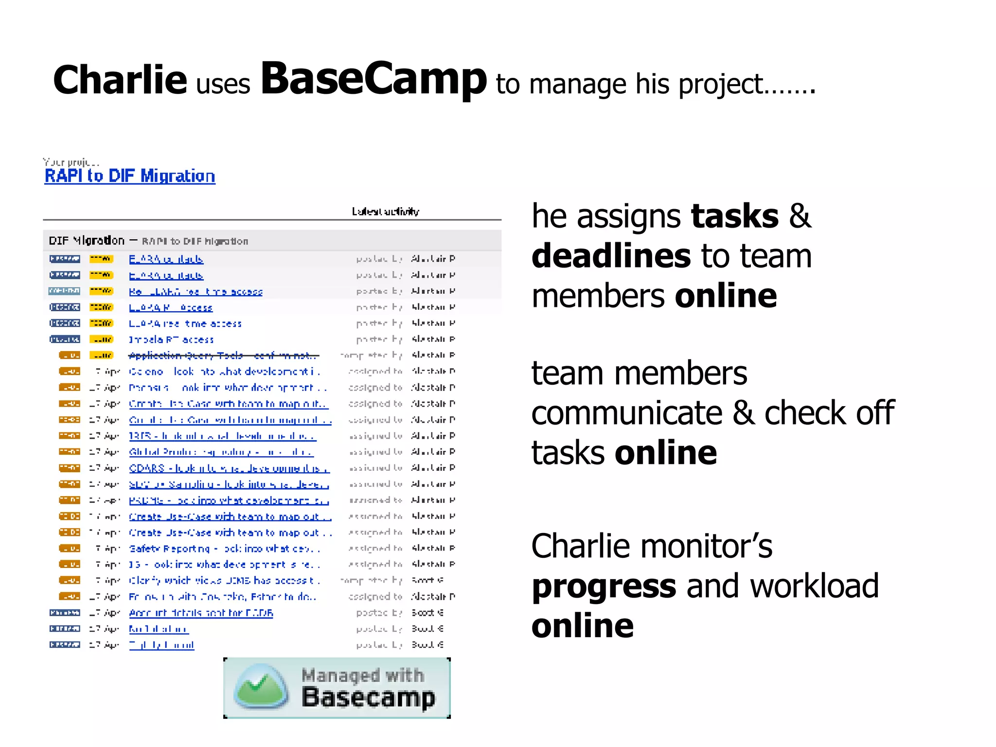 Charlie  uses  BaseCamp  to manage his project……. he assigns  tasks  &  deadlines  to team members  online team members communicate & check off tasks  online Charlie monitor’s  progress  and workload  online 