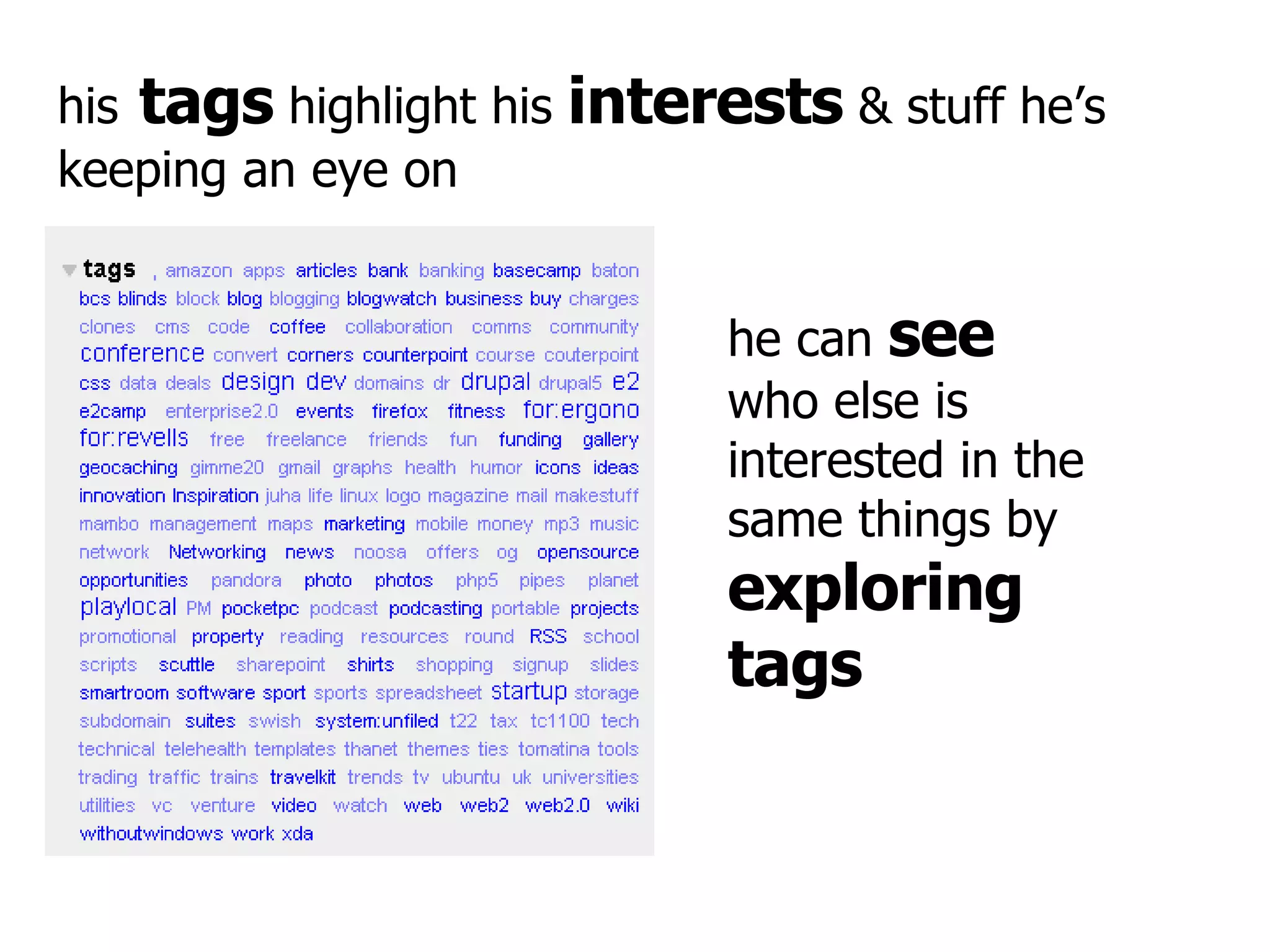 his   tags  highlight his  interests  & stuff he’s keeping an eye on he can  see  who else is interested in the same things by  exploring   tags 