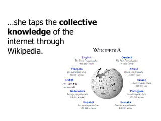 … she taps the  collective knowledge  of the internet through Wikipedia. 