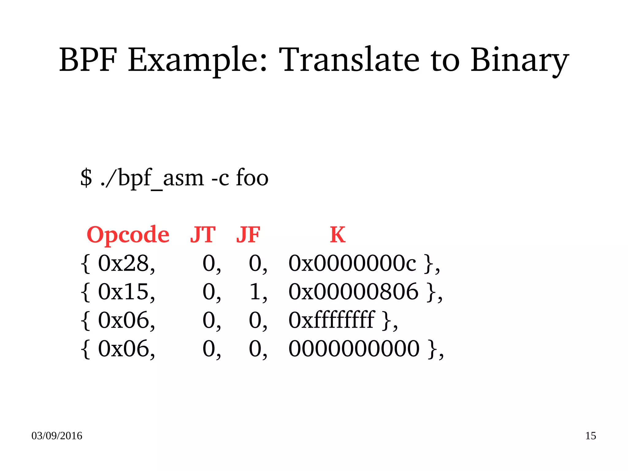 03/09/2016 15
BPF Example: Translate to Binary
$ ./bpf_asm ­c foo
 Opcode   JT   JF          K
{ 0x28,       0,    0,   0x0000000c },
{ 0x15,       0,    1,   0x00000806 },
{ 0x06,       0,    0,   0xffffffff },
{ 0x06,       0,    0,   0000000000 },
 