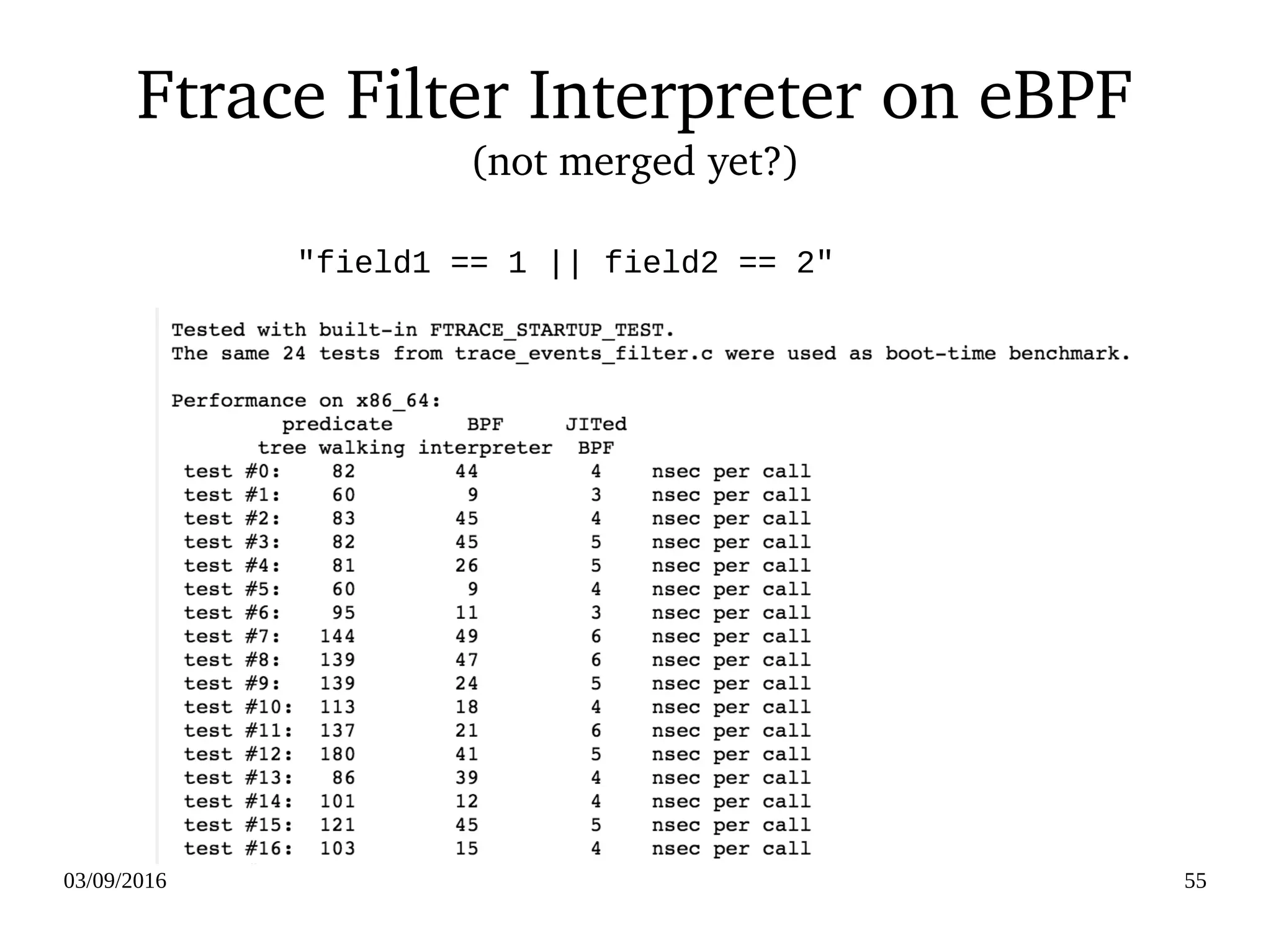 03/09/2016 55
Ftrace Filter Interpreter on eBPF
(not merged yet?)
"field1 == 1 || field2 == 2"
 