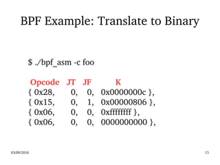 03/09/2016 15
BPF Example: Translate to Binary
$ ./bpf_asm ­c foo
 Opcode   JT   JF          K
{ 0x28,       0,    0,   0x0000000c },
{ 0x15,       0,    1,   0x00000806 },
{ 0x06,       0,    0,   0xffffffff },
{ 0x06,       0,    0,   0000000000 },
 