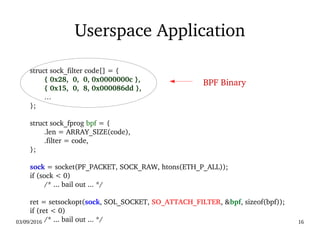 03/09/2016 16
Userspace Application
struct sock_filter code[] = {
{ 0x28,  0,  0, 0x0000000c },
{ 0x15,  0,  8, 0x000086dd },
       …
};
struct sock_fprog bpf = {
.len = ARRAY_SIZE(code),
.filter = code,
};
sock = socket(PF_PACKET, SOCK_RAW, htons(ETH_P_ALL));
if (sock < 0)
/* ... bail out ... */
ret = setsockopt(sock, SOL_SOCKET, SO_ATTACH_FILTER, &bpf, sizeof(bpf));
if (ret < 0)
/* ... bail out ... */
BPF Binary
 