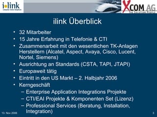 ilink Überblick  32 Mitarbeiter 15 Jahre Erfahrung in Telefonie & CTI Zusammenarbeit mit den wesentlichen TK-Anlagen Herstellern (Alcatel, Aspect, Avaya, Cisco, Lucent, Nortel, Siemens)  Ausrichtung an Standards (CSTA, TAPI, JTAPI) Europaweit tätig Eintritt in den US Markt – 2. Halbjahr 2006 Kerngeschäft Enterprise Application Integrations Projekte CTI/EAI Projekte & Komponenten Set (Lizenz) Professional Services (Beratung, Installation, Integration) 