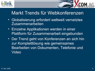 Markt Trends für Webkonferenzen Globalisierung erfordert weltweit vernetztes Zusammenarbeiten Einzelne Applikationen werden in einer Plattform für Zusammenarbeit eingebunden Der Trend geht von Konferenzen an sich hin zur Komplettlösung wie gemeinsames Bearbeiten von Dokumenten, Telefonie und Video 