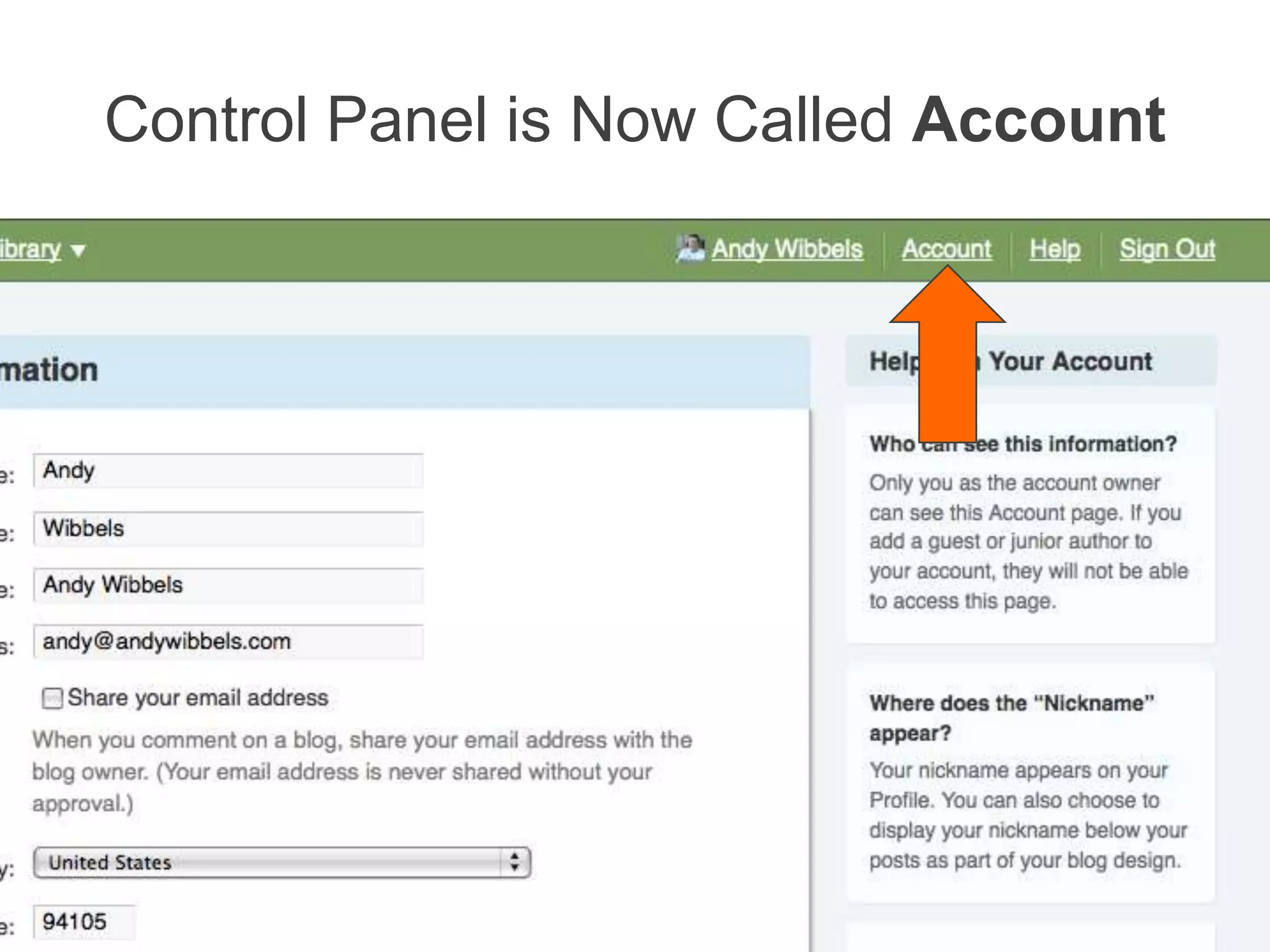 Control Panel is Now Called Account