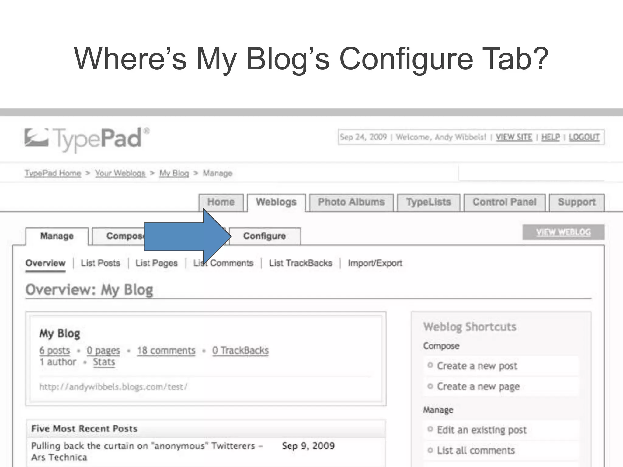 Where’s My Blog’s Configure Tab?