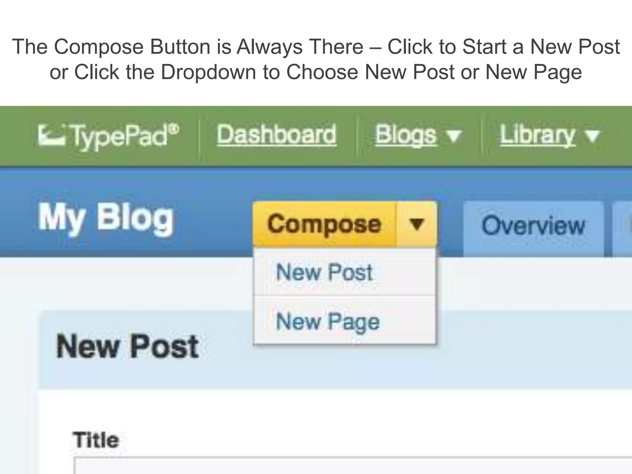 The Compose Button is Always There – Click to Start a New Post or Click the Dropdown to Choose New Post or New Page