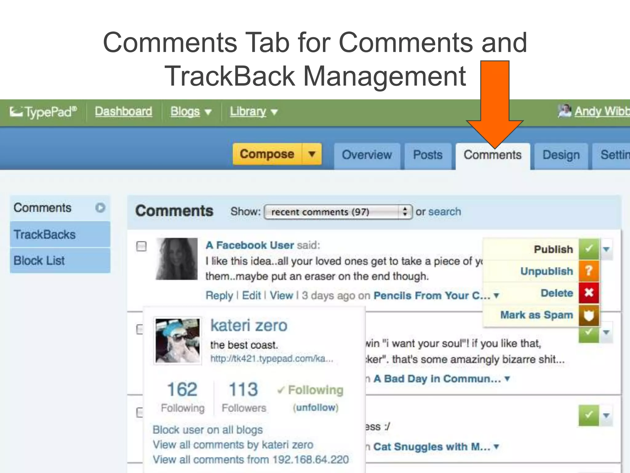 Comments Tab for Comments and TrackBack Management