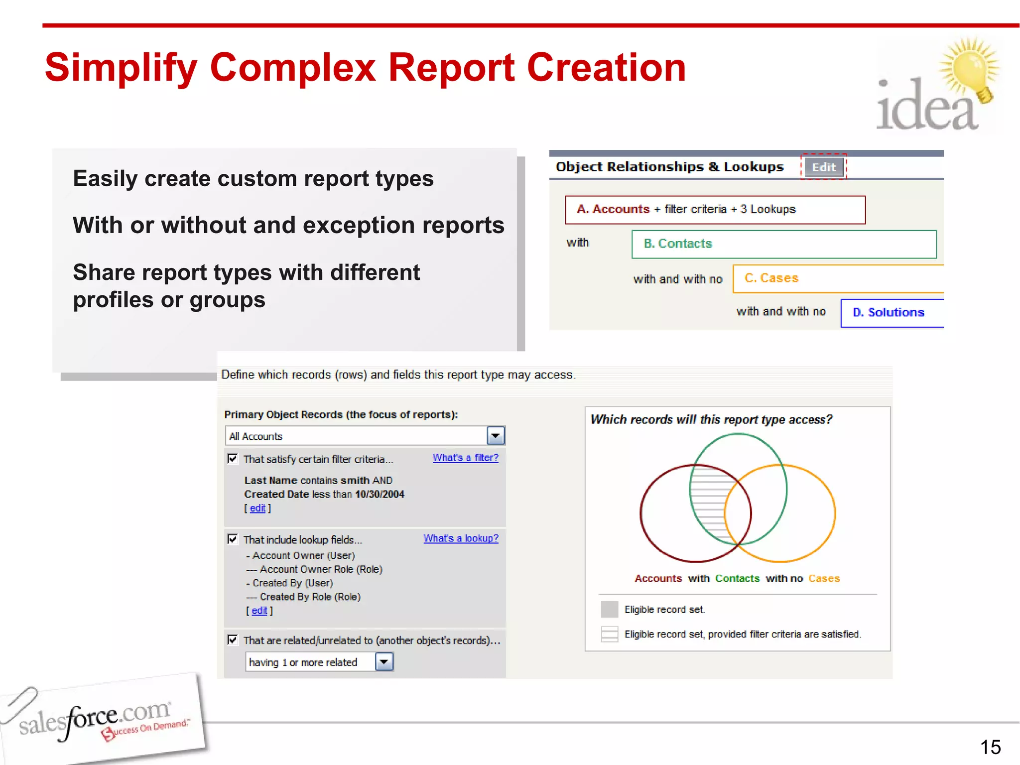 Simplify Complex Report Creation Easily create custom report types W ith or without and exception reports Share report types with different profiles or groups 