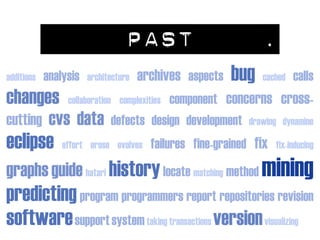 PAST                         .
                                                         bug
                                      archives aspects
            analysis                                                     calls
additions              architecture                            cached

changes                                  component concerns cross-
                 collaboration complexities

             cvs data
cutting                      defects design development drawing dynamine
eclipse                                 failures fine-grained fix
                effort erose evolves                                fix-inducing

graphs guide hatari history locate matching method mining
predicting program programmers report repositories revision
software support system taking transactions version visualizing