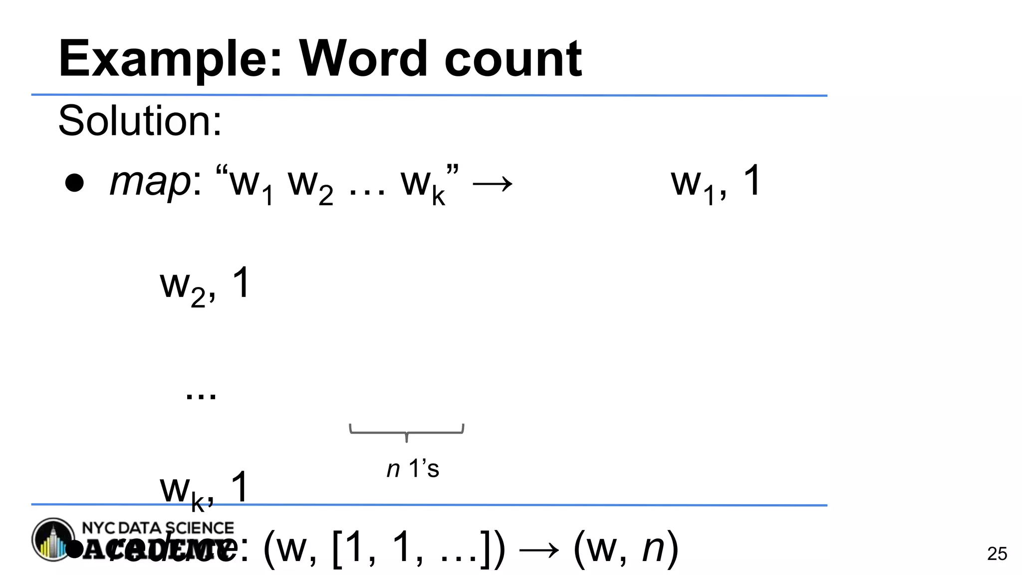 Example: Word count
Solution:
● map: “w1 w2 … wk” → w1, 1
w2, 1
...
wk, 1
● reduce: (w, [1, 1, …]) → (w, n)
n 1’s
25
 