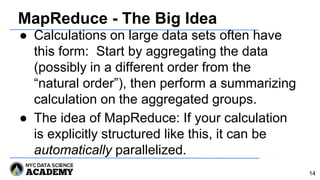 MapReduce - The Big Idea
● Calculations on large data sets often have
this form: Start by aggregating the data
(possibly in a different order from the
“natural order”), then perform a summarizing
calculation on the aggregated groups.
● The idea of MapReduce: If your calculation
is explicitly structured like this, it can be
automatically parallelized.
14
 