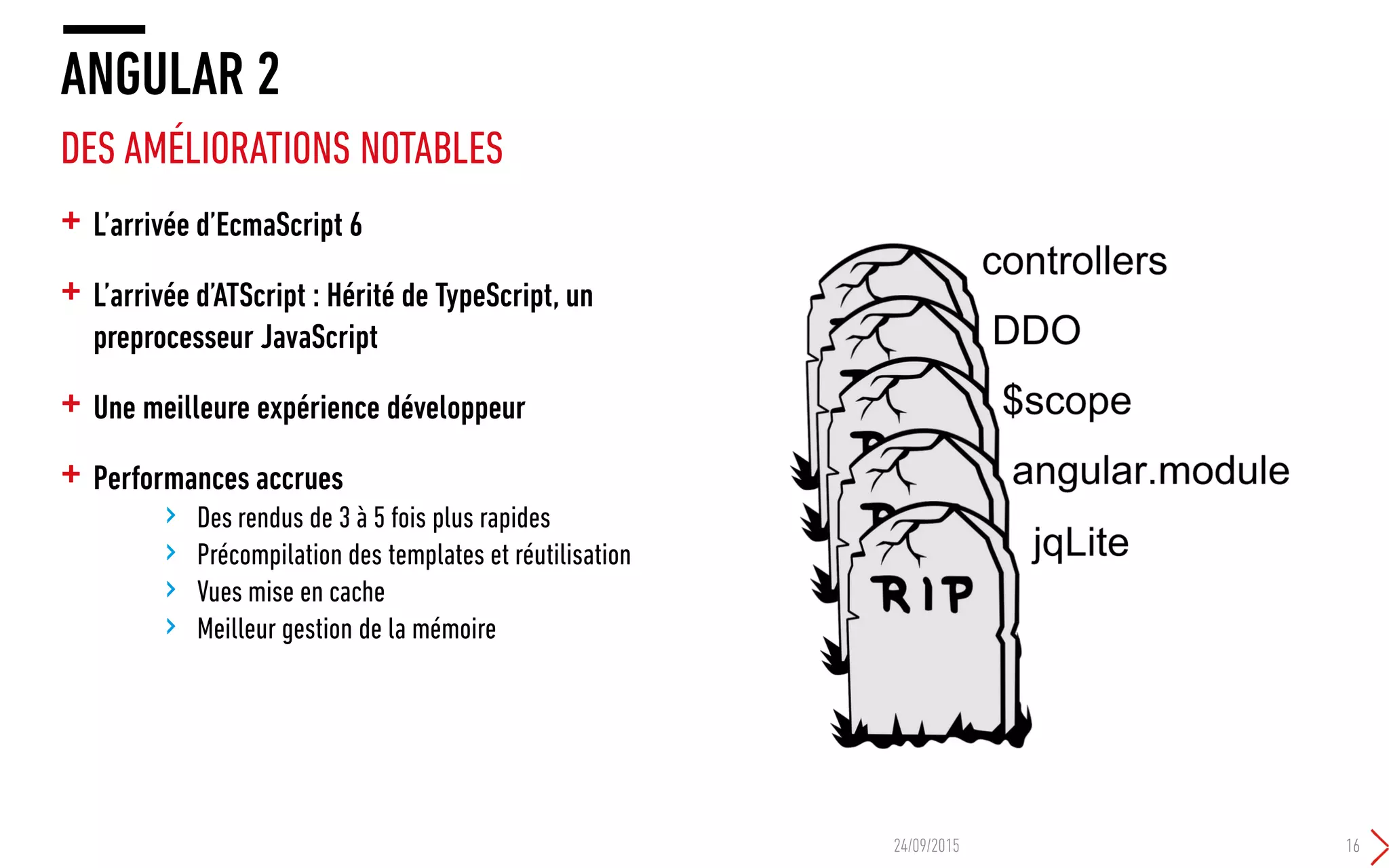 + L’arrivée d’EcmaScript 6
+ L’arrivée d’ATScript : Hérité de TypeScript, un
preprocesseur JavaScript
+ Une meilleure expérience développeur
+ Performances accrues
› Des rendus de 3 à 5 fois plus rapides
› Précompilation des templates et réutilisation
› Vues mise en cache
› Meilleur gestion de la mémoire
ANGULAR 2
DES AMÉLIORATIONS NOTABLES
24/09/2015 16
 
