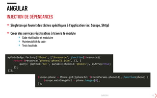 + Singleton qui fournit des tâches spécifiques à l'application (ex: $scope, $http)
+ Créer des services réutilisables à travers le module
› Code réutilisable et modulaire
› Maintenabilité du code
› Tests localisés
ANGULAR
INJECTION DE DÉPENDANCES
24/09/2015 13
 