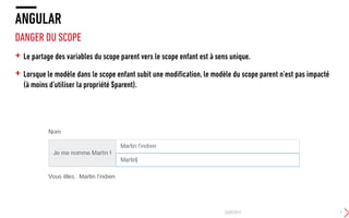 + Le partage des variables du scope parent vers le scope enfant est à sens unique.
+ Lorsque le modèle dans le scope enfant subit une modification, le modèle du scope parent n’est pas impacté
(à moins d’utiliser la propriété $parent).
ANGULAR
DANGER DU SCOPE
24/09/2015 9
 