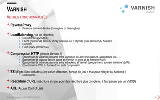 +ReverseProxy
› Plusieurs backend derrière (homogène ou hétérogène)
+LoadBalancing (via les directors)
› RoundRobin (pondéré)
› Client (permet de faire du sticky session sur n’importe quel élément du header)
› Random
› Hash mode (Version 4)
+Compression HTTP (depuis Varnish 3)
› Économiser de la bande passante entre Varnish et le Client (navigateurs, applications, etc …).
› Économiser de la place dans le cache de Varnish (et donc de la mémoire RAM).
› Économiser de la bande passante entre le backend et Varnish (peu pertinent, souvent le même VLAN).
› Économiser le CPU du backend lors de la compression
+ESI (Egde Side Includes) (req.esi en détection, beresp.do_esi = true pour relayer au backend )
› Cache partiel …
+Réécriture d’URL (réécriture simple, pour des réécriture plus complexe, il faut passer par un VMOD)
+ACL (Access Control List)
VARNISH
AUTRES FONCTIONNALITÉS
© SQLI Enterprise – SQLI GROUP | 2015 20
 