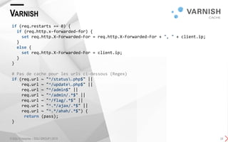 VARNISH
© SQLI Enterprise – SQLI GROUP | 2015 24
if (req.restarts == 0) {
if (req.http.x-forwarded-for) {
set req.http.X-Forwarded-For = req.http.X-Forwarded-For + ", " + client.ip;
}
else {
set req.http.X-Forwarded-For = client.ip;
}
}
# Pas de cache pour les urls ci-dessous (Regex)
if (req.url ~ "^/status.php$" ||
req.url ~ "^/update.php$" ||
req.url ~ "^/admin$" ||
req.url ~ "^/admin/.*$" ||
req.url ~ "^/flag/.*$" ||
req.url ~ "^.*/ajax/.*$" ||
req.url ~ "^.*/ahah/.*$") {
return (pass);
}
 
