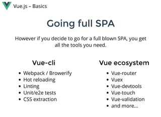 Vue.js – Basics
However if you decide to go for a full blown SPA, you get
all the tools you need.
Going full SPAGoing full SPA
Vue-cliVue-cli
Webpack / Browerify
Hot reloading
Linting
Unit/e2e tests
CSS extraction
Vue ecosystemVue ecosystem
Vue-router
Vuex
Vue-devtools
Vue-touch
Vue-validation
and more...
 