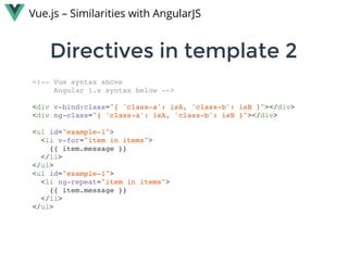 Directives in template 2Directives in template 2
Vue.js – Similarities with AngularJS
<!-- Vue syntax above
Angular 1.x syntax below -->
<div v-bind:class="{ 'class-a': isA, 'class-b': isB }"></div>
<div ng-class="{ 'class-a': isA, 'class-b': isB }"></div>
<ul id="example-1">
<li v-for="item in items">
{{ item.message }}
</li>
</ul>
<ul id="example-1">
<li ng-repeat="item in items">
{{ item.message }}
</li>
</ul>
 