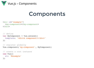 ComponentsComponents
Vue.js – Components
<div id="example">
<my-component></my-component>
</div>
// define
var MyComponent = Vue.extend({
template: '<div>A component!</div>'
})
// register globally
Vue.component('my-component', MyComponent)
// create a root instance
new Vue({
el: '#example'
})
 