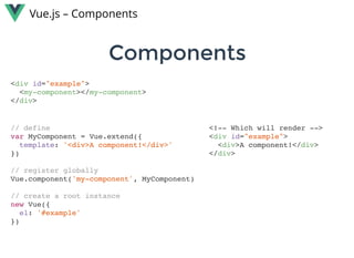 ComponentsComponents
Vue.js – Components
<div id="example">
<my-component></my-component>
</div>
// define
var MyComponent = Vue.extend({
template: '<div>A component!</div>'
})
// register globally
Vue.component('my-component', MyComponent)
// create a root instance
new Vue({
el: '#example'
})
<!-- Which will render -->
<div id="example">
<div>A component!</div>
</div>
 
