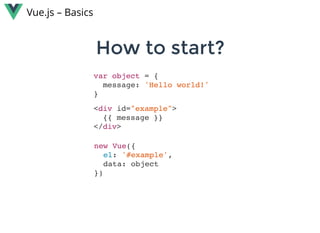 var object = {
message: 'Hello world!'
}
How to start?How to start?
Vue.js – Basics
<div id="example">
{{ message }}
</div>
new Vue({
el: '#example',
data: object
})
 