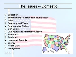 The Issues -- Domestic Education Environment – A National Security Issue Jobs Economy and Taxes Reproductive Rights Gun Control Civil rights and Affirmative Action Patriot Act Patriot Act Homeland Security Energy Health Care Immigration 