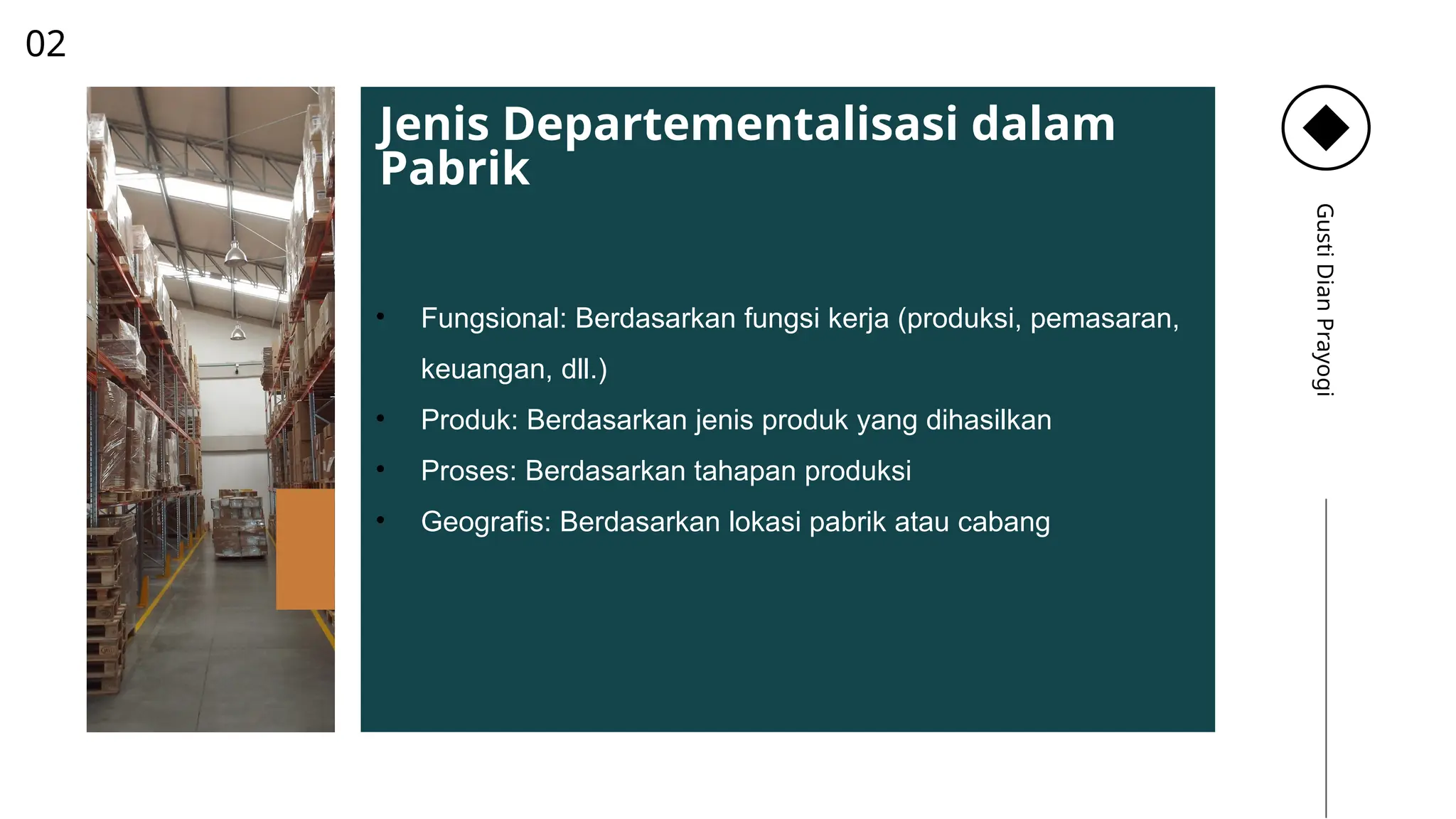 • Fungsional: Berdasarkan fungsi kerja (produksi, pemasaran,
keuangan, dll.)
• Produk: Berdasarkan jenis produk yang dihasilkan
• Proses: Berdasarkan tahapan produksi
• Geografis: Berdasarkan lokasi pabrik atau cabang
Jenis Departementalisasi dalam
Pabrik
Gusti
Dian
Prayogi
02
 