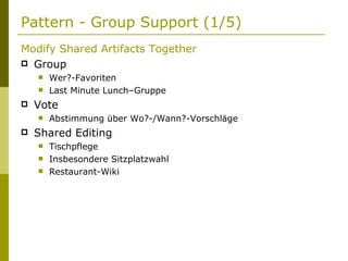 Pattern - Group Support (1/5) Modify Shared Artifacts Together   Group Wer?-Favoriten Last Minute Lunch–Gruppe Vote Abstimmung über Wo?-/Wann?-Vorschläge Shared Editing Tischpflege Insbesondere Sitzplatzwahl Restaurant-Wiki 