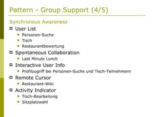 Pattern - Group Support (4/5) Synchronous Awareness User List Personen-Suche Tisch Restaurantbewertung Spontaneous Collaboration Last Minute Lunch Interactive User Info Profilzugriff bei Personen-Suche und Tisch-Teilnehmern Remote Cursor Restaurant-Wiki Activity Indicator Tisch-Bearbeitung Sitzplatzwahl 